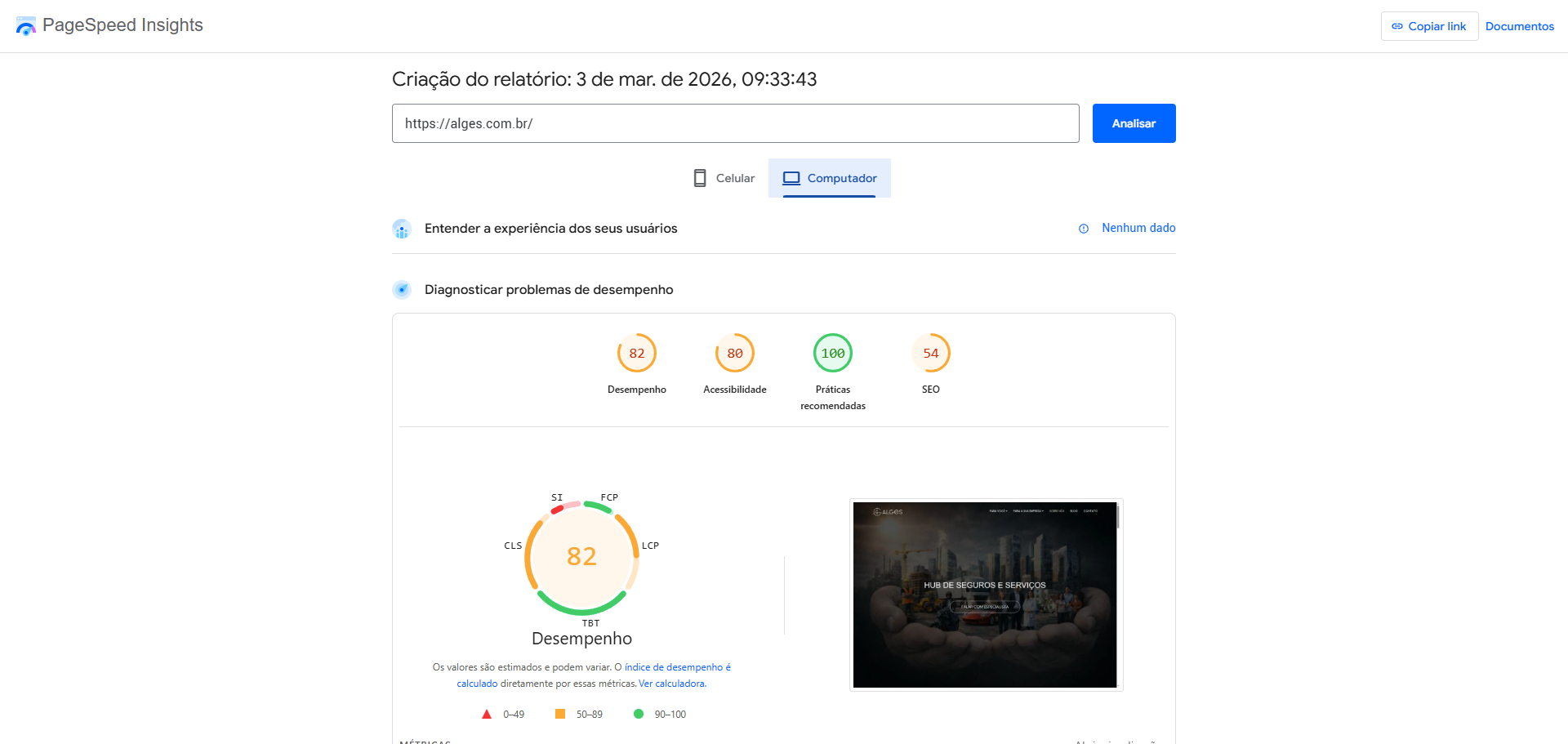 Print do PageSpeed Insights da Alges Seguros